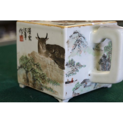 58 - A Chinese square-shaped teapot with figures, verse and bull decoration, 4” high