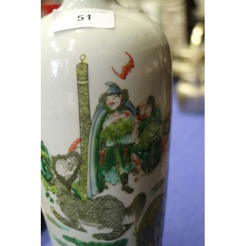 51 - A Chinese baluster vase with figures and mythical beast decoration, 10” high, two pairs of satsuma v... 