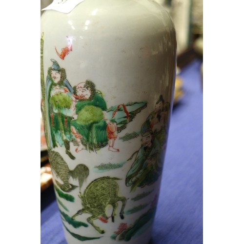 51 - A Chinese baluster vase with figures and mythical beast decoration, 10” high, two pairs of satsuma v... 