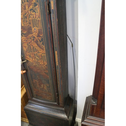 476 - A mid 18th century chinoiserie lacquered long case clock with brass and silvered dial, date window, ... 