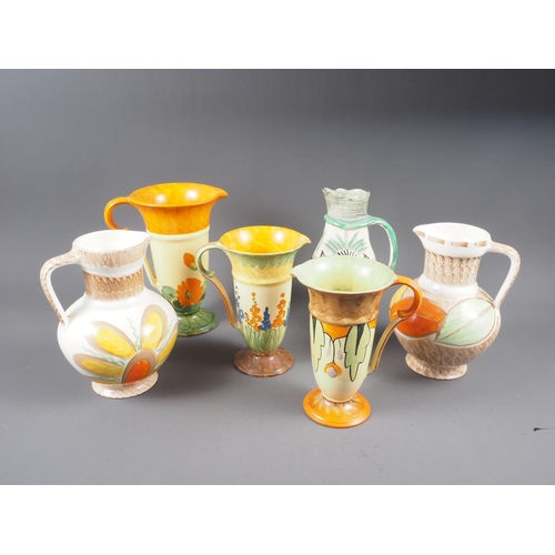 10 - Three 1930s Myott trumpet jugs, a rag top jug and two classic jugs