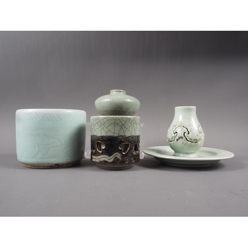 71 - Two Chinese celadon brush pots, a celadon glazed squat vase and a celadon glazed incense stand