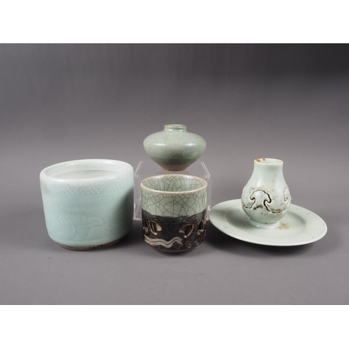 71 - Two Chinese celadon brush pots, a celadon glazed squat vase and a celadon glazed incense stand