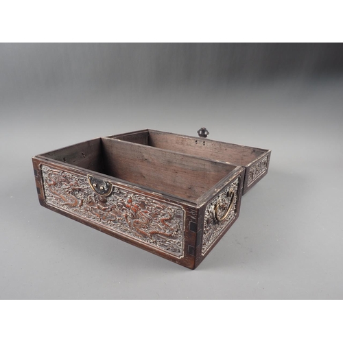 91 - A Chinese zitan hinged box with carved dragon decoration, 13 1/2