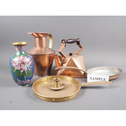 121 - A 1920s Art Deco geometric copper kettle, a copper kettle, a copper skillet and other metal wares, v... 