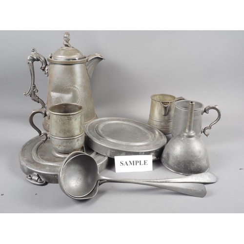 128 - Three 19th century pewter hot plates, four pewter tankards, a pewter ladle and other pewter items