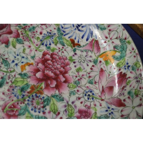 86 - A pair of Chinese famille rose millefiori plates, 9 1/2