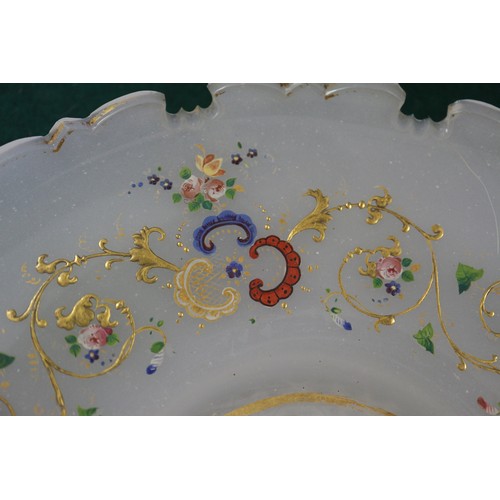 55 - A Bohemian opaque white glass shaped edge dish with gilt and enamelled scrolled and floral decoratio... 