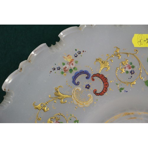 55 - A Bohemian opaque white glass shaped edge dish with gilt and enamelled scrolled and floral decoratio... 