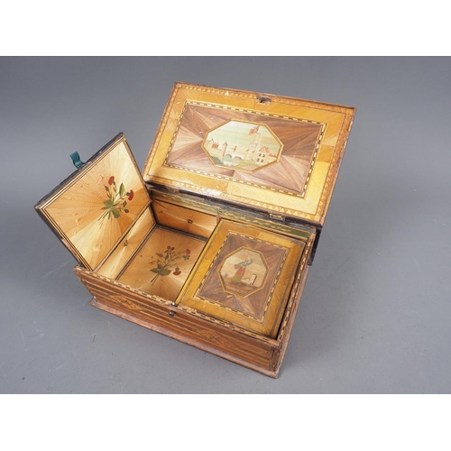 173 - An early 19th century straw work box with two-division fitted interior with landscape and lighthouse... 