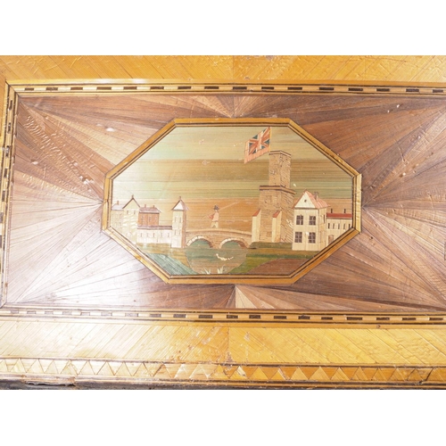 173 - An early 19th century straw work box with two-division fitted interior with landscape and lighthouse... 