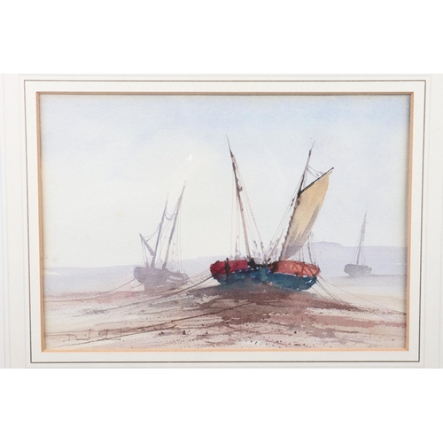 329 - David Short: watercolours, sailing barges at low tide, 7 x 10