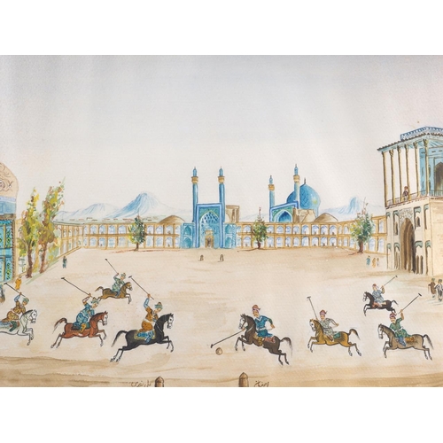 353 - A Persian watercolour study, polo players in a courtyard, 9 1/4