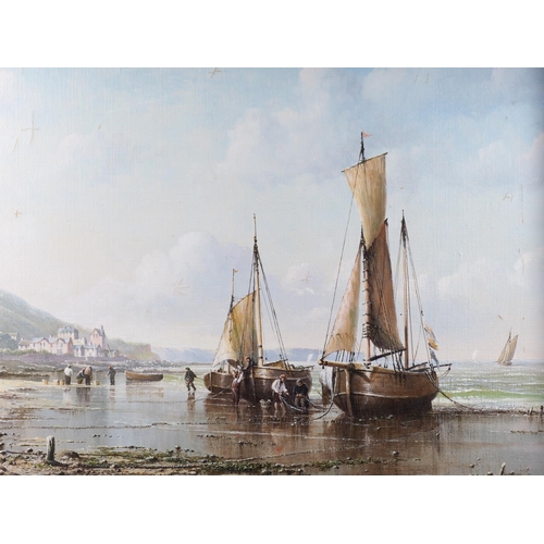 383 - John Donaldson: oil on canvas, coastal scene with fishing boats and figures, 17 1/4