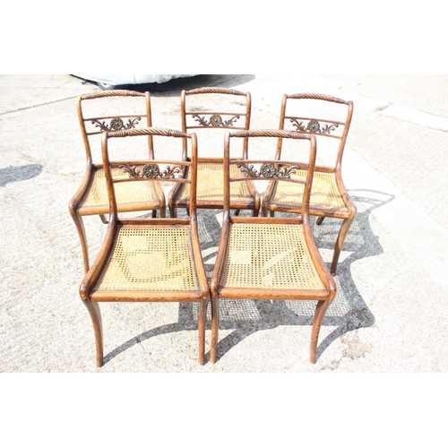 447 - A set of five early 19th century  grained as rosewood and brass mounted standard dining chairs with ... 