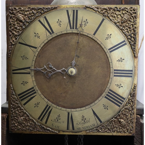 414 - An early 18th century walnut long case clock with thirty-hour striking movement and brass dial by Sa... 