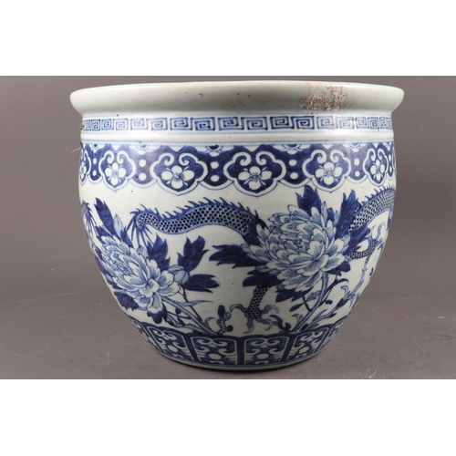 120 - A Chinese blue and white fish bowl with dragon and flower decoration, 10