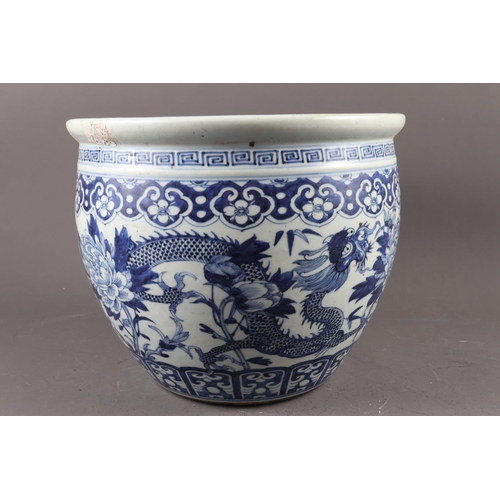 120 - A Chinese blue and white fish bowl with dragon and flower decoration, 10