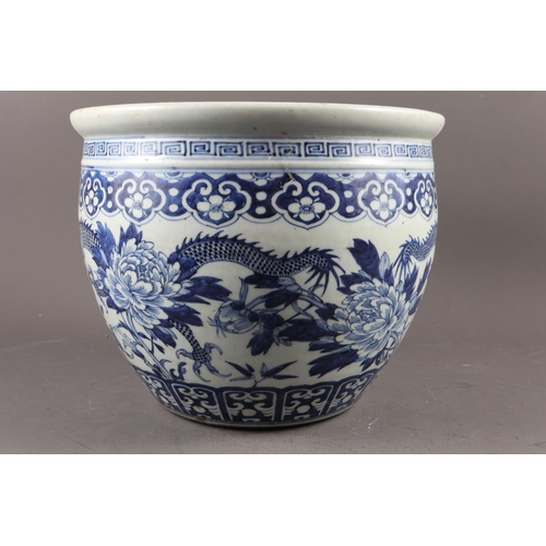 120 - A Chinese blue and white fish bowl with dragon and flower decoration, 10