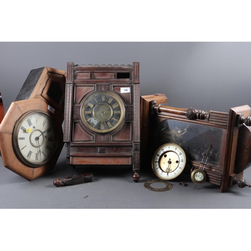 146 - A quartz movement cuckoo clock, three other clocks for restoration and two 19th century mantel clock... 