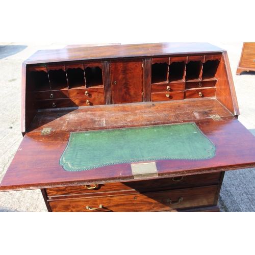 420 - An 18th century mahogany and banded fall front bureau, the fitted interior with drawers, pigeon hole... 