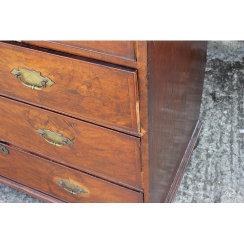 425 - A figured walnut and feather banded chest of two short and three long graduated drawers, on bun feet... 