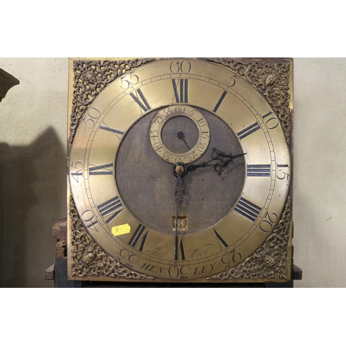 465 - An 18th century oak long case clock with brass dial seconds register and date window, thirty-hour mo... 