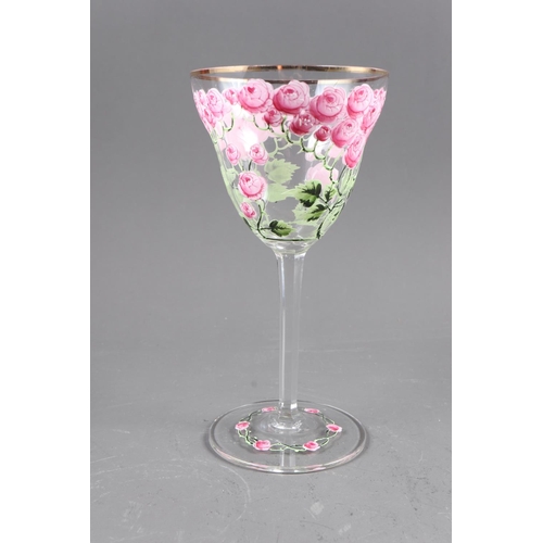 56 - An early 20th century Continental glass table service with enamelled pink cabbage rose decoration an... 