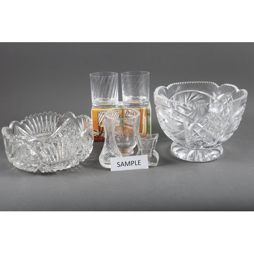 73 - An Orrefors bird engraved vase, a pair of Dartington Glass whisky glasses, in original box, a cut gl... 