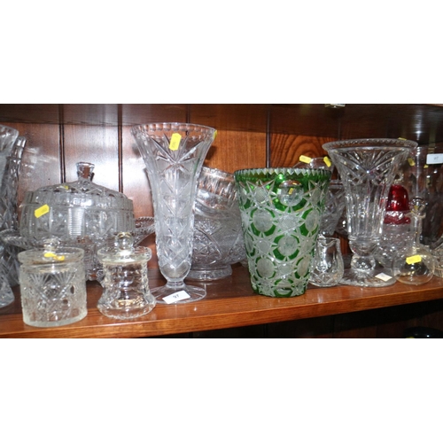 97 - A pair of cut glass baskets, a 1950s cut glass vase, four cut glass bowls and other cut glass