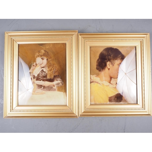 214 - A crystoleum, young girl drinking tea, in gilt frame, and another signed Hans Ferhner