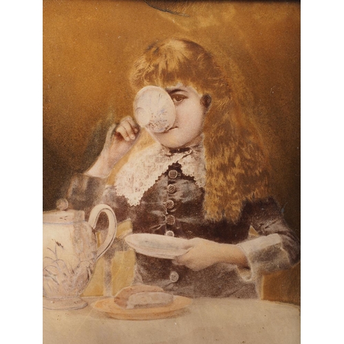 214 - A crystoleum, young girl drinking tea, in gilt frame, and another signed Hans Ferhner