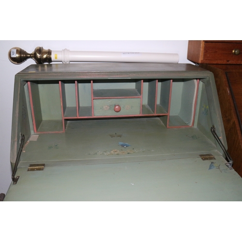 506 - A painted fall front bureau with fitted interior over three drawers, on bracket feet, 36