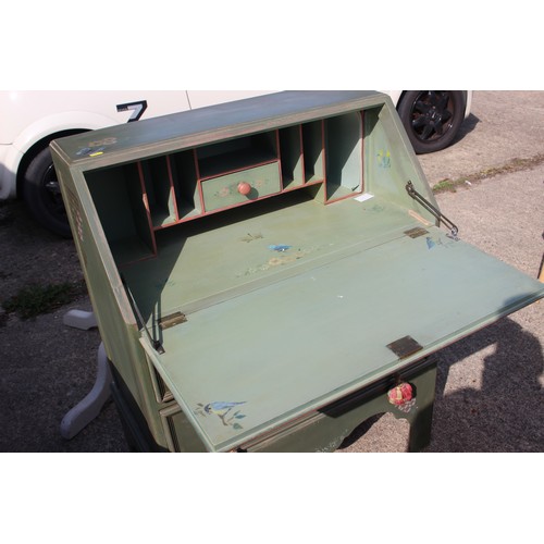 506 - A painted fall front bureau with fitted interior over three drawers, on bracket feet, 36