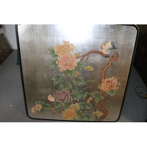 287 - Three ebonised hardwood Oriental panels with flower, bird, insect tree and rock decoration, 34 1/2