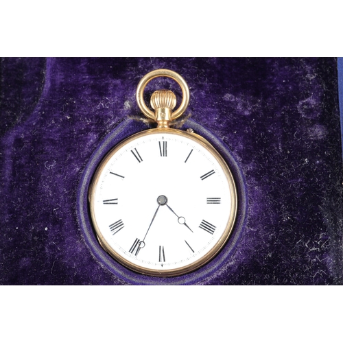 274 - An 18ct gold cased open faced fob watch with white enamel dial and Roman numerals, the movement sign... 