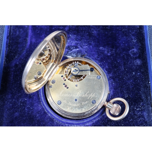 274 - An 18ct gold cased open faced fob watch with white enamel dial and Roman numerals, the movement sign... 