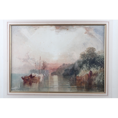 358 - Circle of Turner: watercolours, evening light with boat on water, 9 1/2