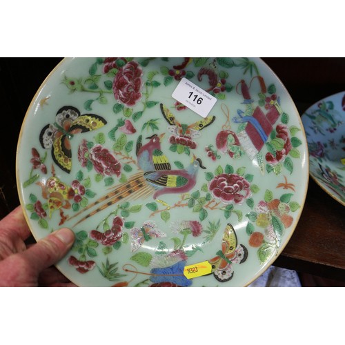 116 - A pair of Canton famille rose bird and insect decorated plates, 10