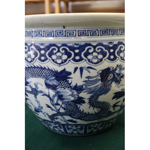 120 - A Chinese blue and white fish bowl with dragon and flower decoration, 10