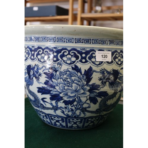 120 - A Chinese blue and white fish bowl with dragon and flower decoration, 10