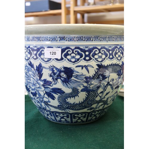 120 - A Chinese blue and white fish bowl with dragon and flower decoration, 10