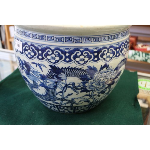 120 - A Chinese blue and white fish bowl with dragon and flower decoration, 10