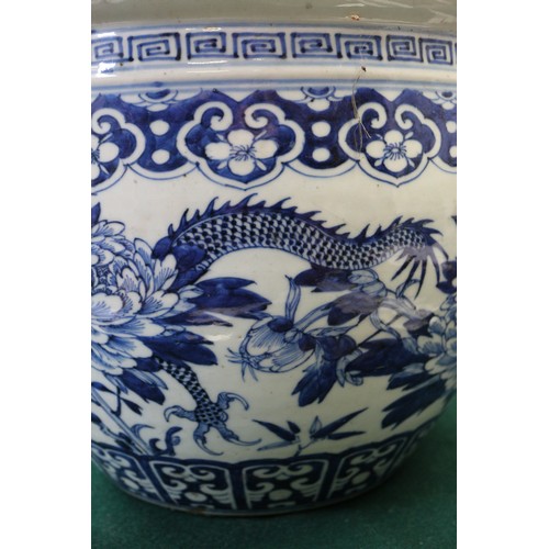 120 - A Chinese blue and white fish bowl with dragon and flower decoration, 10