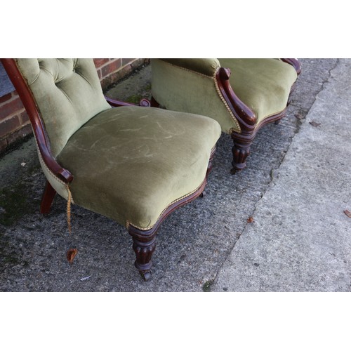 457 - A gentleman's late Victorian mahogany show frame armchair and companion ladies spoon back chair, but... 