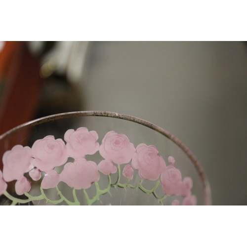 56 - An early 20th century Continental glass table service with enamelled pink cabbage rose decoration an... 