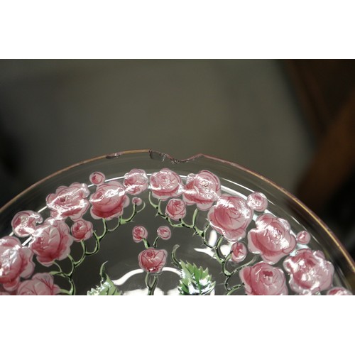 56 - An early 20th century Continental glass table service with enamelled pink cabbage rose decoration an... 