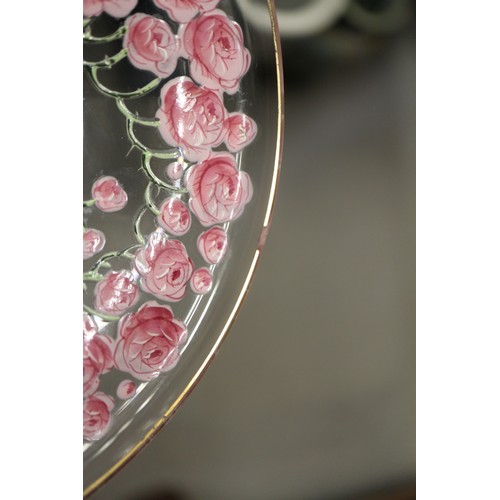 56 - An early 20th century Continental glass table service with enamelled pink cabbage rose decoration an... 