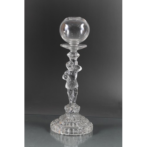 46 - A lacemaker's French 19th century press moulded lamp with frosted figure stem, 10