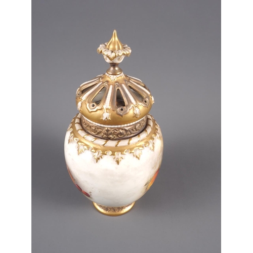 35 - A Royal Worcester pot-pourri vase and cover with fruit decoration, by Ricketts, 9 1/2